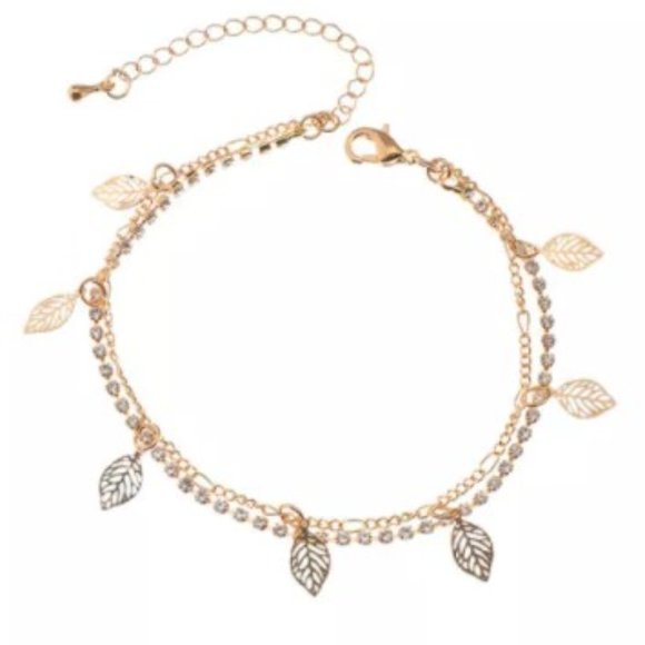 Leaves and Rhinestones Goldtone Ankle Bracelet - Picture 5 of 5